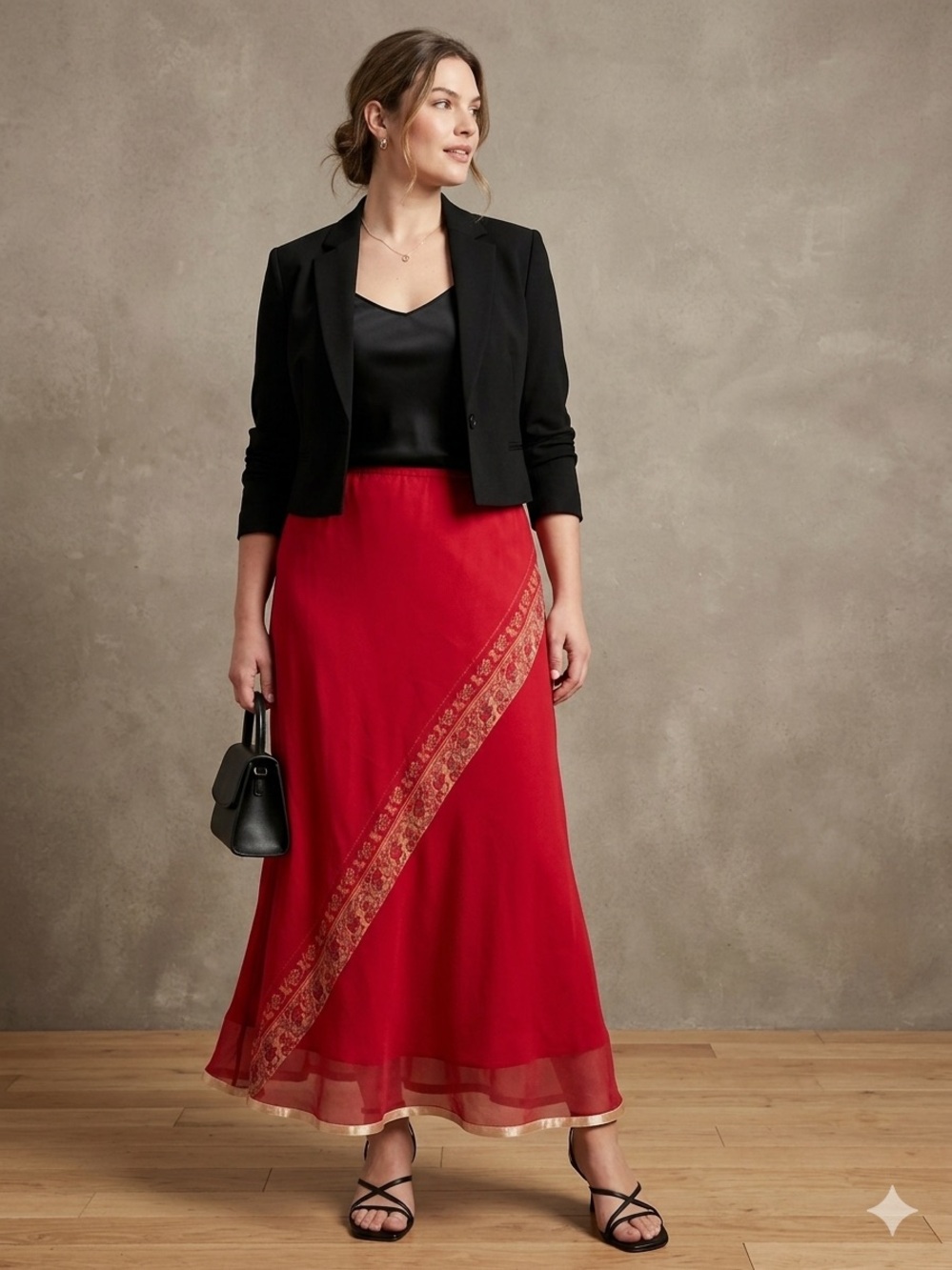 Vintage Chadwick's 100% Silk Maxi Skirt Red with Floral Border Detail Size 12
